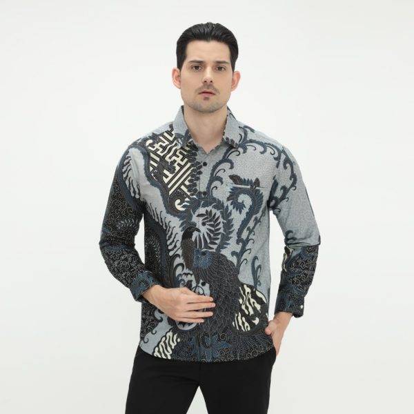 Kemeja Batik Pria Motif Burung Phoenix – Seri Aruna Hitam Abu
