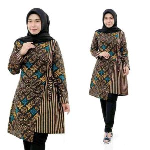 Tunik Batik Modern Lurik Motif Parang & Bunga Etnik – Muslimah Elegan