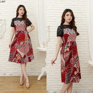 LIMY Red Lace Batik Dress – Dress Batik Modern Kombinasi Brokat Lengan Pendek