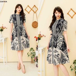 DANIA Monochrome Batik Dress – Dress Batik Modern Hitam Putih dengan Ikat Pinggang